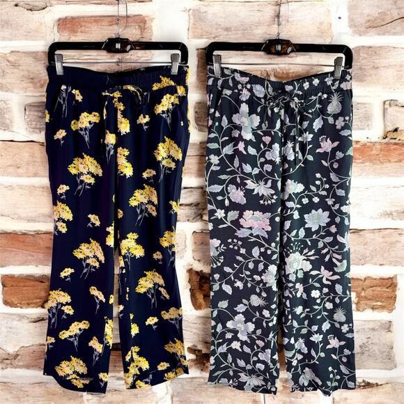 LOFT 2 Pairs Women's XSP Floral 100% Viscose Blue & Gray Fluid Drawstring Pants - Picture 2 of 14